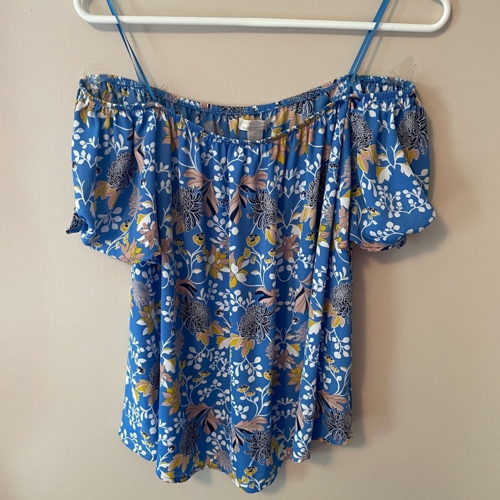 Finn & Grace Blue Floral Off The Shoulder Tie Sleeve Blouse Top NWT Med Boho Y2K
